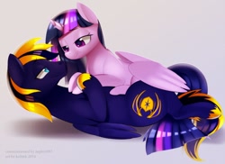 Size: 1280x930 | Tagged: safe, artist:si1vr, imported from derpibooru, twilight sparkle, oc, oc:zephyr, alicorn, pony, bedroom eyes, canon x oc, cuddling, eye contact, female, mare, on back, on top, prone, size difference, smiling, snuggling, twilight sparkle (alicorn), twiphyr