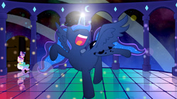 Size: 5511x3100 | Tagged: safe, artist:starblaze25, imported from derpibooru, princess cadance, princess celestia, princess luna, twilight sparkle, alicorn, pony, alicorn tetrarchy, awkward, celestia is not amused, club can't handle me, dance floor, dancing, do the sparkle, female, frown, glowing horn, magic, mare, missing accessory, pointy ponies, reflection, smiling, spread wings, the club can't even handle me right now, twilight is not amused, twilight sparkle (alicorn), twilight sparkle is not amused, unamused, watching