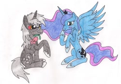 Size: 1024x717 | Tagged: safe, artist:fluttersquee6, imported from derpibooru, princess luna, alicorn, kaiju, kaiju pony, pony, unicorn, fanfic:the bridge, colored sclera, crossover, crossover shipping, duo, ethereal mane, fanfic art, female, godzilla, godzilla (series), godzilla junior, godzilluna, lunazilla, male, mare, ponified, red sclera, rose, shipping, stallion, traditional art