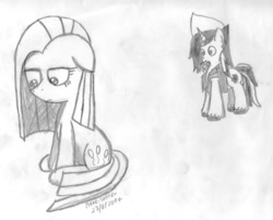 Size: 993x804 | Tagged: safe, artist:mane-shaker, imported from derpibooru, pinkamena diane pie, pinkie pie, oc, oc:mane shaker, flower, monochrome, sad, shipping, traditional art
