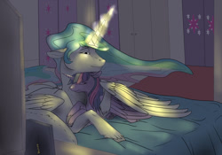 Size: 1280x896 | Tagged: safe, artist:backlash91, artist:denmawarlight, imported from derpibooru, princess celestia, twilight sparkle, alicorn, pony, bed, eyes closed, female, four-limbed hug, glowing horn, hug, mare, momlestia, normal eyes, snuggling, twilight sparkle (alicorn), winghug