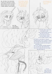 Size: 992x1400 | Tagged: safe, artist:leovictor, imported from derpibooru, nightmare moon, scootaloo, oc, oc:nyx, alicorn, pony, alicorn oc, alicornified, alternate hairstyle, gi, grin, gritted teeth, long mane, looking at you, looking back, monochrome, race swap, scared, scootacorn, smiling, tail wrap, traditional art, wide eyes