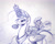 Size: 1500x1200 | Tagged: safe, artist:kp-shadowsquirrel, imported from derpibooru, princess celestia, alicorn, pony, ballpoint pen, bedroom eyes, cake, cakelestia, concave belly, cute, cutelestia, donut, donutlestia, eating, floppy ears, folded wings, frown, horn, horn impalement, iou, messy eating, monochrome, royal guard, sad, sillestia, sketch, slim, smiling, stack, stuffing, the uses of unicorn horns, thin, traditional art, trollestia, wings