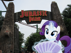 Size: 4608x3456 | Tagged: safe, artist:masem, artist:missbeigepony, imported from derpibooru, rarity, exhibit, irl, jurassic park, magic, photo, ponies in real life, sign, singapore, smiling, ticket, vector