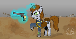 Size: 1864x960 | Tagged: safe, artist:inivonwini, imported from derpibooru, oc, oc only, oc:littlepip, pony, unicorn, fallout equestria, clothes, cutie mark, fanfic, fanfic art, female, glowing horn, gritted teeth, gun, handgun, hooves, horn, jumpsuit, levitation, little macintosh, magic, mare, optical sight, pipbuck, raised hoof, revolver, saddle bag, solo, teeth, telekinesis, vault suit, wasteland, weapon