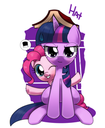 Size: 1260x1530 | Tagged: safe, artist:hoyeechun, imported from derpibooru, pinkie pie, twilight sparkle, pony, book, book hat, duo, hat, one eye closed, sitting, smiling, wink