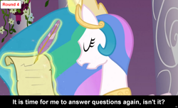 Size: 1600x973 | Tagged: safe, imported from derpibooru, princess celestia, alicorn, pony, comic:celestia's servant interview, caption, cs captions, eyes closed, female, interview, magic, mare, solo, writing