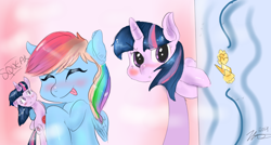 Size: 1280x684 | Tagged: safe, artist:mrscurlystyles, imported from derpibooru, rainbow dash, twilight sparkle, alicorn, pony, blushing, doll, female, lesbian, mare, shipping, twidash, twilight sparkle (alicorn)