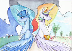 Size: 3508x2480 | Tagged: safe, artist:santagiera, imported from derpibooru, princess celestia, princess luna, traditional art, watercolor painting