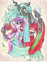 Size: 900x1184 | Tagged: safe, artist:oriwhitedeer, imported from derpibooru, princess cadance, queen chrysalis, semi-anthro, fan, kimono (clothing), sake, traditional art