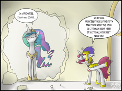 Size: 2000x1500 | Tagged: safe, artist:maiah, imported from derpibooru, princess celestia, oc, braces, hole, royal guard, rubble, speech bubble, wall