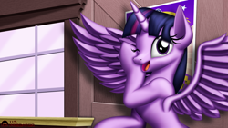 Size: 1920x1080 | Tagged: safe, artist:tsaritsaluna, imported from derpibooru, twilight sparkle, alicorn, pony, cute, female, mare, poster, redraw, scene interpretation, solo, spoiler alert, spread wings, twiabetes, twilight sparkle (alicorn), window, wink