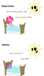 Size: 1556x2661 | Tagged: safe, artist:zacatron94, imported from derpibooru, pinkie pie, annoyed, bed, comic, comparison, expectation vs reality, frown, glare, morning ponies, pinkamena diane pie, simple background, smiling, sun, transparent background, vulgar