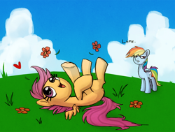 Size: 1000x756 | Tagged: safe, artist:adailey, imported from derpibooru, rainbow dash, scootaloo, pegasus, pony, cloud, cute, cutealoo, female, filly, flower, foal, heart, mare, on back, open mouth, rainbow dash is not amused, sky, spread wings, talking, unamused, wings