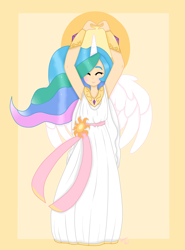 Size: 2000x2700 | Tagged: safe, artist:ashourii, imported from derpibooru, princess celestia, human, clothes, cute, cutelestia, eyes closed, female, greek, greek clothes, horned humanization, humanized, robe, solo, winged humanization