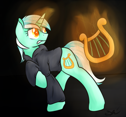 Size: 700x650 | Tagged: dead source, safe, artist:shiverbear, imported from derpibooru, lyra heartstrings, fanfic:background pony, fanfic, female, lyre, magic, musical instrument, ponies wearing black, solo