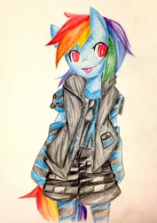 Size: 905x1280 | Tagged: safe, artist:itigomusu, imported from derpibooru, rainbow dash, pony, semi-anthro, bipedal, clothes, female, looking at you, mare, pixiv, simple background, socks, solo, striped socks, tongue out, traditional art, vest, white background, wingless