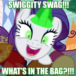 Size: 550x550 | Tagged: safe, edit, edited screencap, imported from derpibooru, screencap, rarity, inspiration manifestation, corrupted, ed edd n eddy, faic, female, green eyes, hub logo, image macro, inspirarity, meme, over your ed, possessed, solo, swiggity swag, the hub