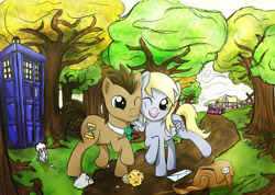 Size: 4500x3200 | Tagged: safe, artist:hazardmarine, imported from derpibooru, angel bunny, derpy hooves, doctor whooves, time turner, pegasus, pony, rabbit, doctor who, doctorderpy, female, mail, mailbag, male, mare, muffin, shipping, straight, tardis, the doctor