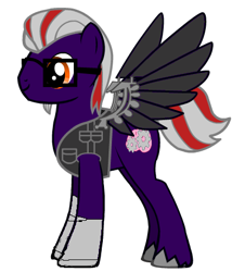 Size: 412x456 | Tagged: safe, imported from derpibooru, oc, oc only, oc:gearhead, cyborg, pegasus, pony, pony creator, augmented, claws, description is relevant, donut steel, glasses, goatee, inventor, prosthetic limb, prosthetic wing, prosthetics, scientist, solo, thinking