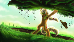 Size: 1920x1080 | Tagged: safe, artist:doomsp0rk, imported from derpibooru, applejack, earth pony, pony, badass, bipedal, earth pony magic, earth pony master race, female, levitation, solo, terrakinesis