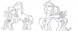 Size: 1413x565 | Tagged: safe, artist:karmadash, imported from derpibooru, big macintosh, braeburn, fluttershy, rainbow dash, earth pony, pony, braeshy, dancing, male, monochrome, rainbowmac, shipping, sketch, stallion, straight