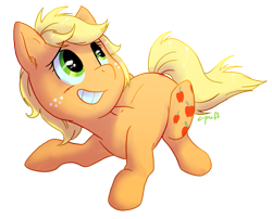 Size: 887x718 | Tagged: safe, artist:c-puff, imported from derpibooru, applejack (g1), pony, cute, female, g1, g1 to g4, g4, generation leap, hatless, jackabetes, missing accessory, prone, simple background, solo, transparent background, who's a silly pony