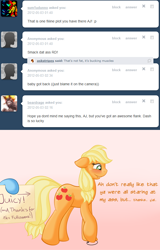 Size: 634x991 | Tagged: safe, artist:ratofdrawn, imported from derpibooru, applejack, rainbow dash, ask appledash, appledash, ask, blushing, comic, female, lesbian, shipping, tumblr