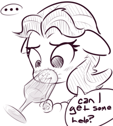 Size: 639x713 | Tagged: safe, artist:nobody, imported from derpibooru, amethyst gleam, ammie thyst, :t, blushing, crystal chalice stand pony, floppy ears, frown, horse problems, monochrome, necklace, solo, stuck, wine glass