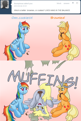 Size: 634x948 | Tagged: safe, artist:ratofdrawn, imported from derpibooru, applejack, derpy hooves, rainbow dash, pegasus, pony, ask appledash, appledash, ask, brownies, comic, cookie, eating, female, lesbian, mare, shipping, tumblr