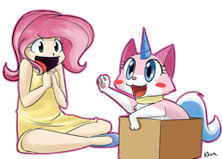 Size: 1050x750 | Tagged: safe, artist:kprovido, imported from derpibooru, fluttershy, human, crossover, duo, humanized, lego, the lego movie, unikitty