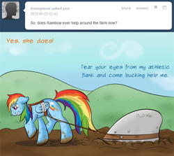 Size: 882x788 | Tagged: safe, artist:ratofdrawn, imported from derpibooru, applejack, rainbow dash, pegasus, pony, ask appledash, appledash, ask, bandage, comic, dirty, female, floppy ears, gritted teeth, lesbian, plow, shipping, snorting, tumblr, walking