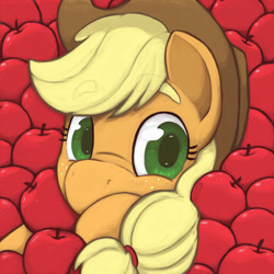 Size: 1000x1000 | Tagged: safe, artist:inkwel-mlp, imported from derpibooru, applejack, apple, cute, female, pile, portrait, solo, that pony sure does love apples