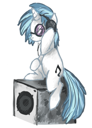 Size: 497x689 | Tagged: dead source, safe, artist:scervo, imported from derpibooru, dj pon-3, vinyl scratch, pony, unicorn, female, headphones, mare, simple background, sitting, solo, speaker, sunglasses, white background