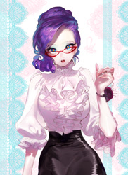 Size: 836x1148 | Tagged: safe, artist:pigeon666, imported from derpibooru, rarity, human, beautiful, clothes, female, glasses, glasses rarity, hourglass figure, humanized, looking at you, open mouth, pincushion, skirt, solo