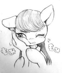 Size: 806x945 | Tagged: safe, artist:ayahana, imported from derpibooru, octavia melody, pony, disembodied hand, grayscale, monochrome, squishy cheeks, traditional art