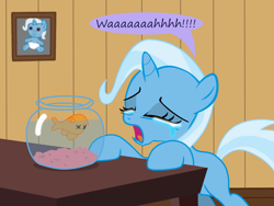 Size: 1200x900 | Tagged: safe, artist:evil-dec0y, imported from derpibooru, trixie, fish, goldfish, pony, unicorn, crying, cute, dead, diatrixes, eyes closed, female, filly, filly trixie, fishbowl, frown, mare, open mouth, pet, sad, solo, table, x eyes, younger