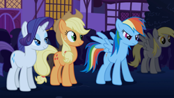 Size: 1365x768 | Tagged: safe, imported from derpibooru, screencap, applejack, derpy hooves, rainbow dash, rarity, pegasus, pony, boast busters, female, mare