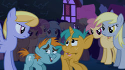 Size: 1365x768 | Tagged: safe, imported from derpibooru, screencap, candy mane, cloud kicker, coco crusoe, derpy hooves, dizzy twister, lyra heartstrings, orange swirl, snails, snips, pegasus, pony, unicorn, boast busters, colt, female, male, mare