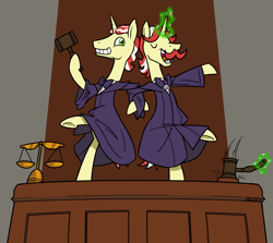 Size: 2472x2205 | Tagged: safe, artist:grandpalove, idw, imported from derpibooru, flam, flim, pony, reflections, spoiler:comic, bipedal, courtroom, dancing, dark mirror universe, duo, equestria-3, eyes closed, flim flam brothers, gavel, grin, hoof hold, magic, mirror universe, open mouth, raised leg, smiling, telekinesis, underhoof