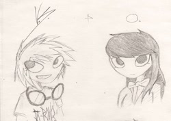 Size: 982x695 | Tagged: safe, artist:dark-pessimistic, imported from derpibooru, dj pon-3, octavia melody, vinyl scratch, human, humanized, monochrome, traditional art