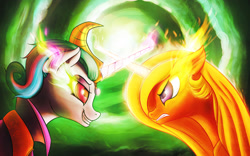 Size: 1920x1200 | Tagged: safe, artist:shydale, idw, imported from derpibooru, princess celestia, reflections, spoiler:comic, duel, evil celestia, evil counterpart, face to face, horn, horns are touching, mirror universe, prime celestia