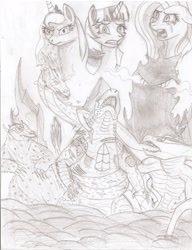Size: 1575x2048 | Tagged: safe, artist:johng117, imported from derpibooru, fluttershy, king sombra, princess luna, twilight sparkle, alicorn, bear, kaiju, pony, ursa, ursa major, crossover, dark magic, female, femuto, godzilla, godzilla (series), godzilla 2014, king ghidorah, magic, manda, mare, monochrome, muto, sombra eyes, traditional art, twilight sparkle (alicorn)