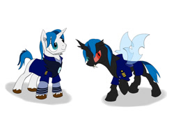 Size: 1024x683 | Tagged: safe, artist:theandymac, imported from derpibooru, oc, oc only, oc:morning star, oc:morningstar, changeling, pony, unicorn, blue changeling, clothes, headset, heterochromia, navy, solo, uniform