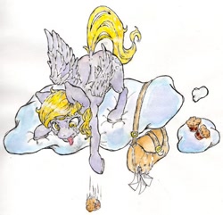 Size: 600x578 | Tagged: safe, artist:rarewerewolf, imported from derpibooru, derpy hooves, pegasus, pony, crying, female, mare, mesenger bag, messenger bag, muffin, solo, tongue out, traditional art