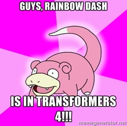 Size: 407x405 | Tagged: safe, imported from derpibooru, rainbow dash, slowpoke (pokémon), assault rifle, exploitable meme, gun, gunified, image macro, meme, rainbow dash turning into an assault rifle, rifle, slowpoke, transformers, transformers age of extinction, weapon