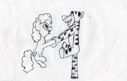 Size: 2520x1620 | Tagged: safe, artist:max-the-cukcold, imported from derpibooru, pinkie pie, bouncing, happy, monochrome, tigger, traditional art, winnie the pooh