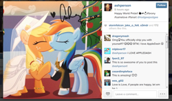 Size: 884x525 | Tagged: safe, artist:sketchyjackie, imported from derpibooru, applejack, rainbow dash, earth pony, pegasus, pony, appledash, ashleigh ball, bracelet, clothes, dress, eyes closed, female, freckles, gay pride, heart, holding hooves, instagram, jewelry, kissing, lesbian, mare, marriage, microsoft windows, pride, shipping, shipping war in the comments, show accurate, signature, smiling, suit, text, tuxedo, wedding, wedding dress, windows, windows 7