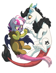 Size: 1024x1318 | Tagged: safe, artist:lopoddity, deleted from derpibooru, imported from derpibooru, oc, oc only, oc:pandora, oc:prince illusion, draconequus, pandoraverse, draconequus oc, floating, half-siblings, interdimensional siblings, interspecies offspring, next generation, offspring, parent:discord, parent:princess celestia, parent:twilight sparkle, parents:discolight, parents:dislestia, simple background, transparent background