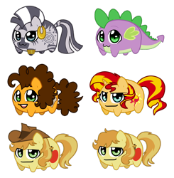 Size: 1600x1634 | Tagged: safe, artist:linamomoko, imported from derpibooru, braeburn, cheese sandwich, spike, sunset shimmer, zecora, pony, unicorn, zebra, chibi, potato, simple background, transparent background